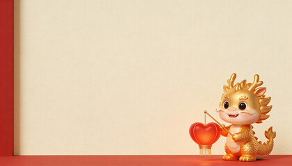 Adorable Baby Golden Dragon Holding Heart Shaped Lantern in Soft Matte Texture Against a Minimalist Background