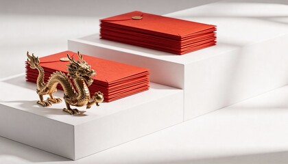 Minimalist 3D Scene with Stacked Red Envelopes and Golden Dragon Figurine on White Display