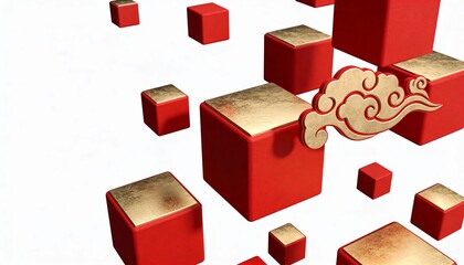 3D Scene of Floating Geometric Red and Gold Blocks Forming Traditional Chinese Cloud Pattern in Modern Art Style