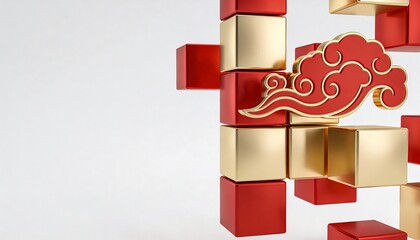 3D Scene of Floating Geometric Red and Gold Blocks Forming Traditional Chinese Cloud Pattern in Modern Artistic Design