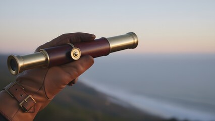 Hand holding antique brass telescope outdoors.