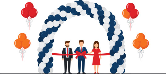 Grand opening ceremony vector illustration with business people cutting red ribbon under balloon arch for new shop launch, celebration, and corporate event.
