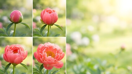 Obraz premium Collage of Pink Peony Flowers in Garden.