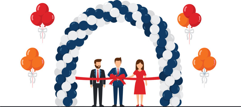 Grand opening ceremony vector illustration with business people cutting red ribbon under balloon arch for new shop launch, celebration, and corporate event.