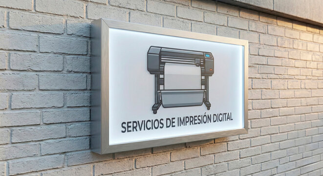 Cartel luminoso exterior en pared de ladrillo anunciando Servicios de Impresi&oacute;n Digital con ilustraci&oacute;n de plotter.