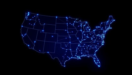 Glowing blue network map of the United States on black background America
