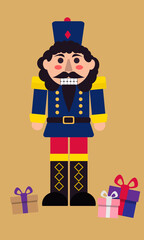 Nutcracker toy and gift boxes on beige background.