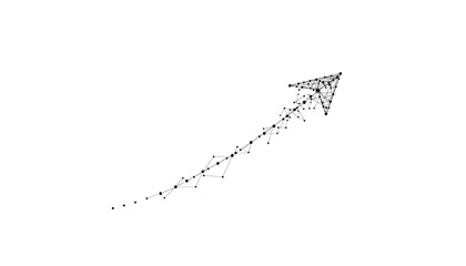 Abstract geometric arrow shape formed by connected dots and lines on white background graph growth