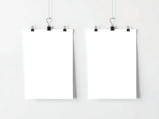 Two blank white sheets of paper hanging on a white wall with clips
