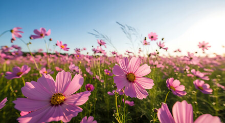Bright pink cosmos flowers bloom beautifully in a vibrant summer meadow field with colorful petals and fresh green nature
