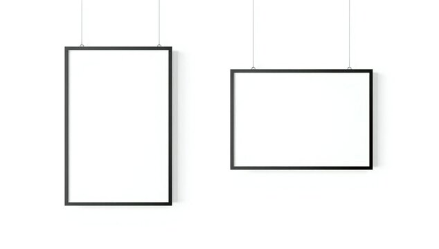 Two empty black framed picture frames hanging on white background