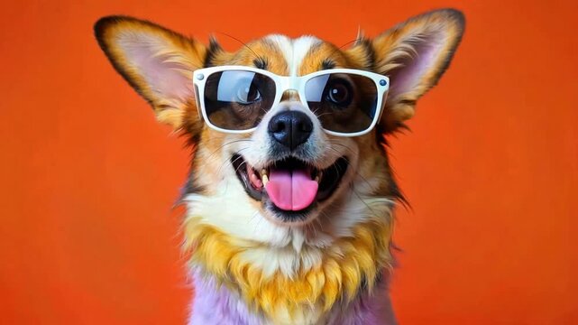Adorable corgi dog wearing cool white sunglasses with a happy open mouth and tongue out against a vibrant orange studio background