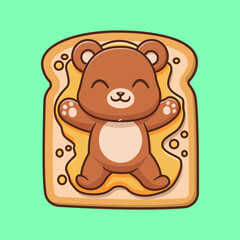 Cute Bear Lay On Bread With Honey Jam Cartoon