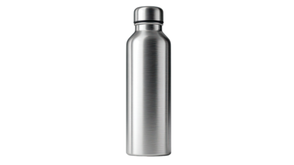 Stainless steel reusable water bottle with screw cap brushed metal surface minimal hydration container isolated on white background