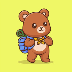 Cute Bear Hiking With Backpack Cartoon