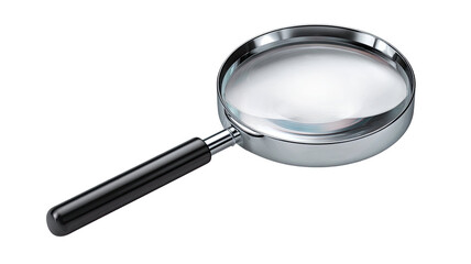 Metal magnifying glass with clear convex lens black handle optical inspection tool studio macro isolated on white background