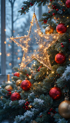 festive fir branches and a glowing holiday star