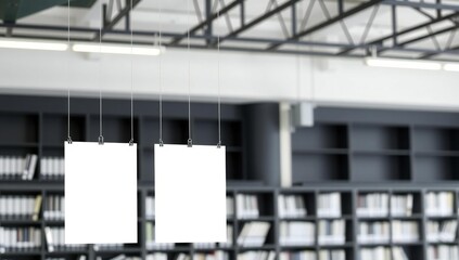 Blank white signs hanging in a library with bookshelves in the background
