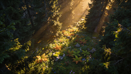 A vibrant forest clearing illuminated by sunlight, ideal for spring-themed designs or nature promotions.