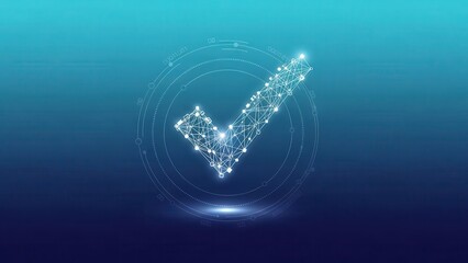Abstract glowing digital check mark with connected network lines and binary code on a gradient tech background, representing successful data validation and future technology.