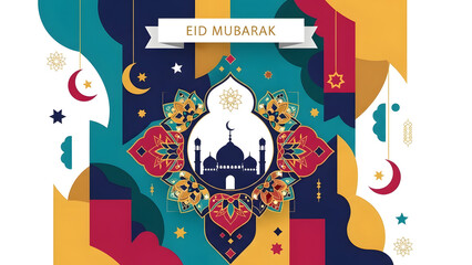 Elegant Eid Mubarak greeting card featuring a mosque silhouette and Islamic geometric patterns in vibrant colors