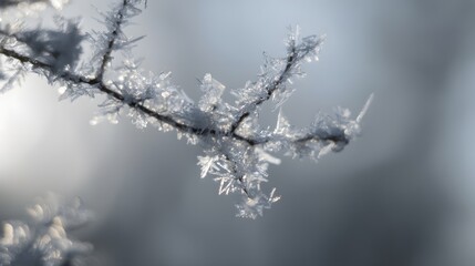 Obraz premium Frosty tree branch details reveal serene winter beauty bathed in soft morning light