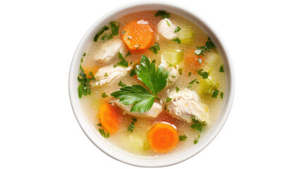 Homemade chicken soup with carrots celery parsley and clear broth served in bowl isolated on white background