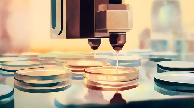 Innovative liquid dispensing process illustrated in warm watercolor tones evokes a modern laboratory concept - Powered by Adobe