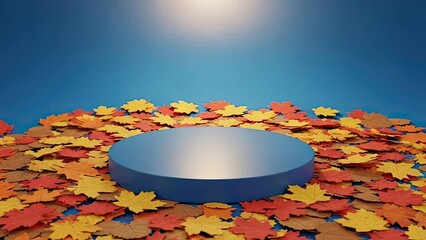 Minimalist Blue Pedestal Display Surrounded by Falling Autumn Leaves on Blue Background
