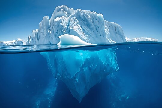 Dramatic iceberg scene showing underwater and above water perspectives, blue polar ocean, detailed ice textures, climate change concept, serene natural seascape, exploration and conservation theme.