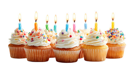 Birthday cupcake topped with colorful candles sweet dessert celebration studio food photography close up isolated on white background