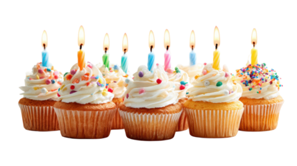 Birthday cupcake topped with colorful candles sweet dessert celebration studio food photography close up isolated on white background