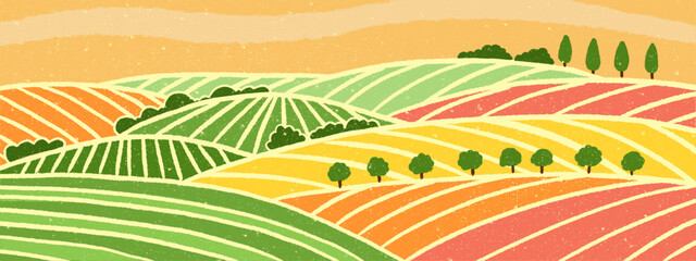 Abstract vineyard hills pattern. Colorful striped farm fields with trees and bushes. Abstract illustration with vintage texture © MandarinkaArt