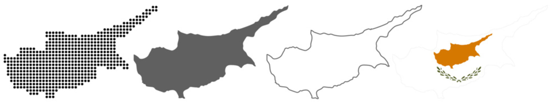 Cyprus Map Set with Dot, Silhouette, Outline and Flag Vector