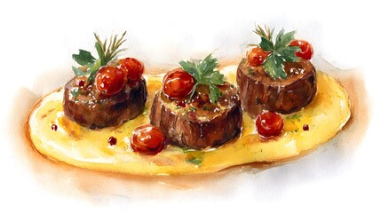 Elegant Beef Medallions on Creamy Polenta a Rich Flavorful Culinary Artistic Food Presentation