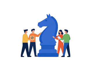 Team Collaboration Around Blue Chess Horse Illustration