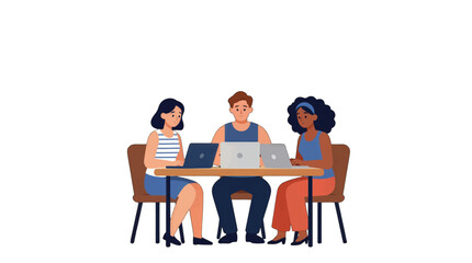 Three Diverse People Working on Laptops Illustration