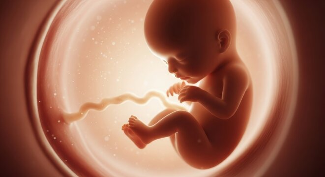 Human fetus with umbilical cord inside the womb