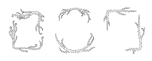 Obraz premium Thorn vine frames and borders vector set. Black twisted thorn branches, barbed stems, creepy patterns. Isolated design elements for tattoos, gothic art, religious symbols.