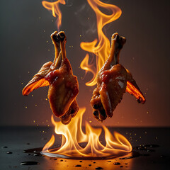 Glazed chicken legs on fire flames food