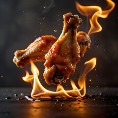 Glazed chicken legs on fire food flames