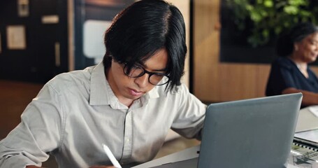 Laptop, typing and business man in hybrid office for accounting records, budget review or coworking. Computer, accountant or person in workplace for financial information, audit or writing tax report