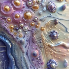 Dreamy iridescent composition, golden orbs, and intricate beaded textures.