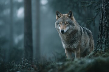 Obraz premium lone wolf standing in a mist-filled evergreen forest at dawn