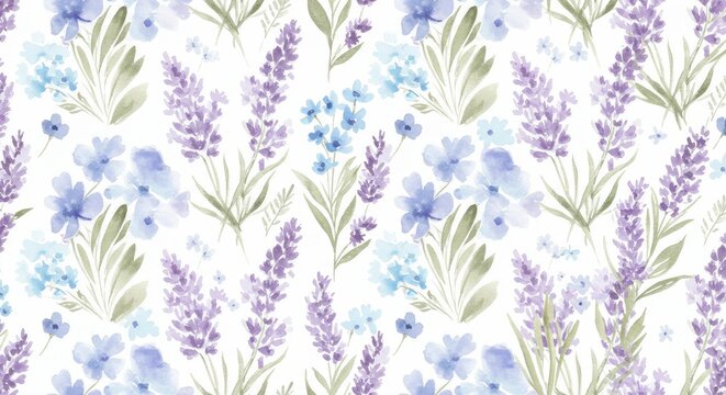 Watercolor Lavender and Blue Flowers Seamless Pattern on White Background, Delicate Floral Design