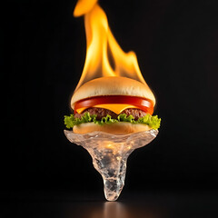 Hamburger on melting ice with flames fire