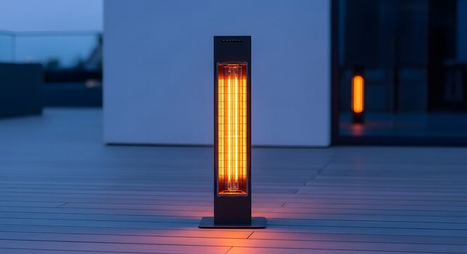 Modern electric outdoor patio heater glowing brightly on a wooden deck at twilight, providing warmth