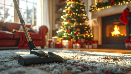 Holiday cleaning floor with vacuum. carpeted floor cleaning in living room in the Christmas season