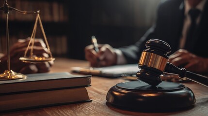 Business and lawyers discussing contract papers with brass scale on desk in office. Law, legal services, advice, justice and law concept picture with film grain effect