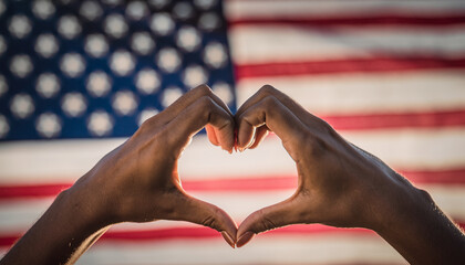 Hands form a heart in front of the American flag. Symbol of pride in the American homeland.